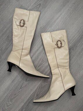 Vintage Genuine Leather Pointed Toe Knee High Calf Kitten Heel Boots Beige